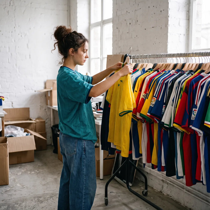 Cliente a escolher o tamanho de uma camisola de futebol